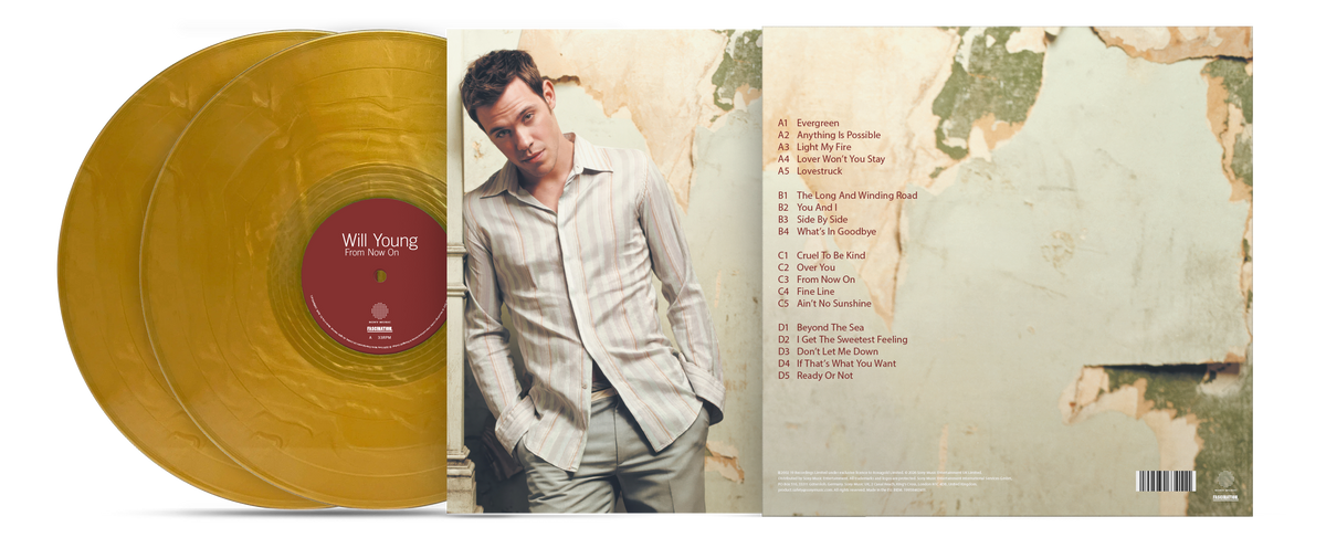 Will Young 'From Now On' vinyl record album shown with the outer cover, inner sleeve, and two gold-colored records on a white background.