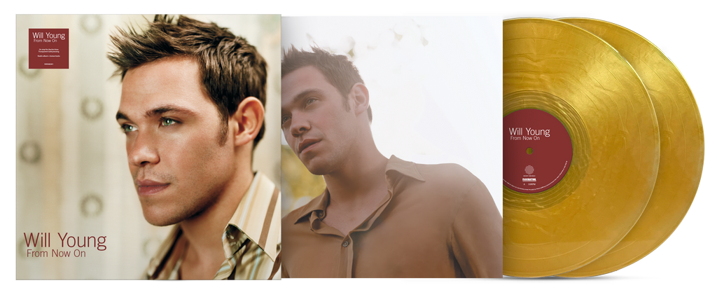 Will Young 'From Now On' vinyl record album shown with the outer cover, inner sleeve, and two gold-colored records on a white background.