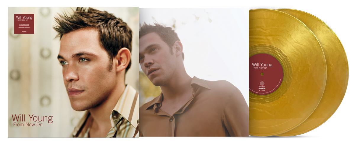 Will Young 'From Now On' vinyl record album shown with the outer cover, inner sleeve, and two gold-colored records on a white background.